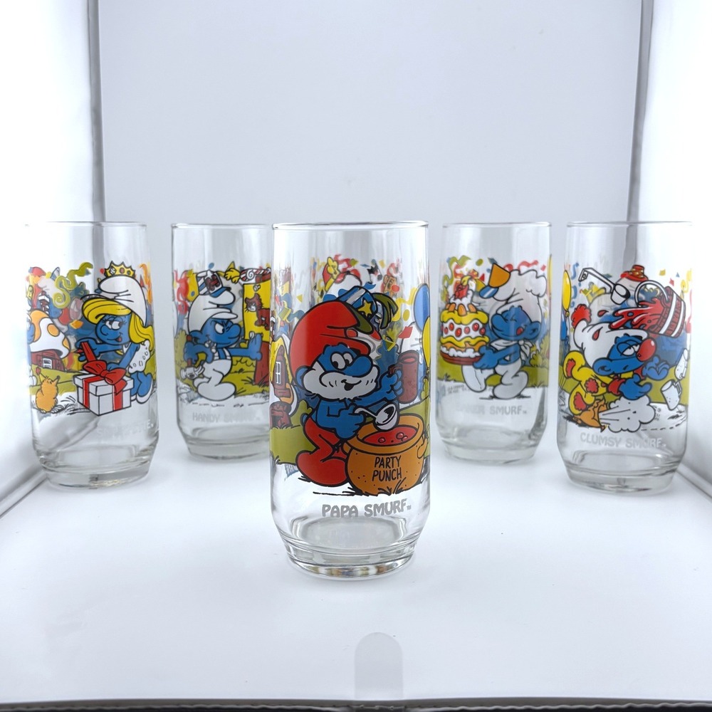 Vintage 1983 Smurfs Glasses Set of 6 Papa Smurfette Baker Harmony Peyo 80s Retro